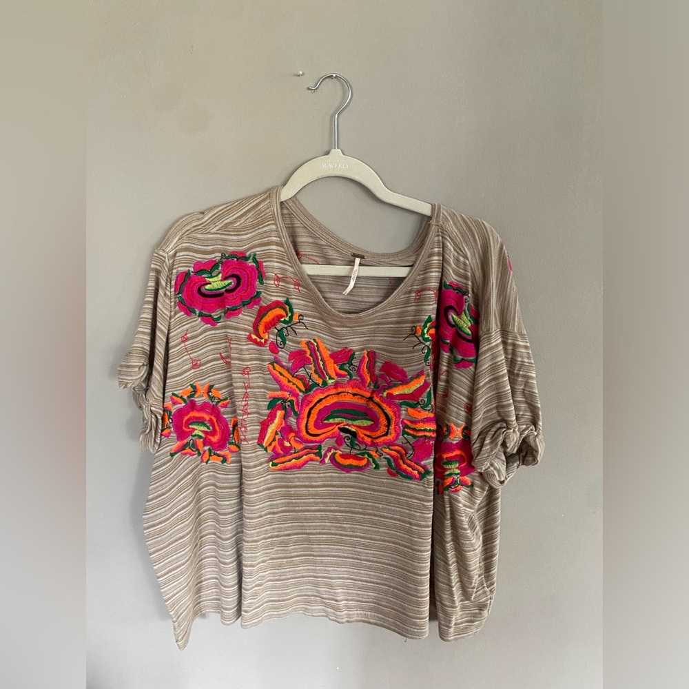 Free People Tan Striped Top with Pink and Orange Embroidery